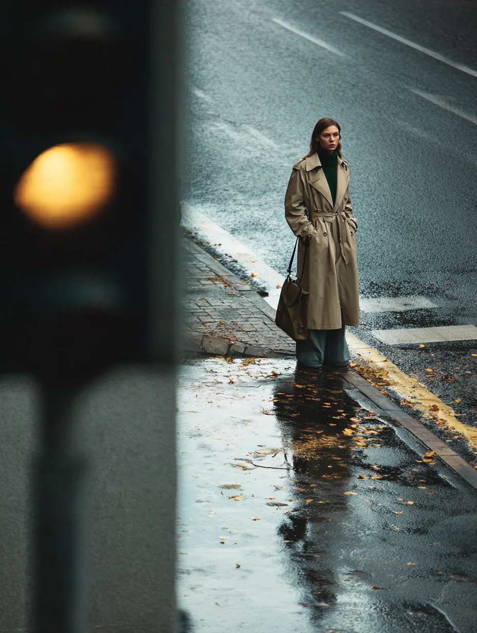Candid People, a woman in a trench coat on a rainy street