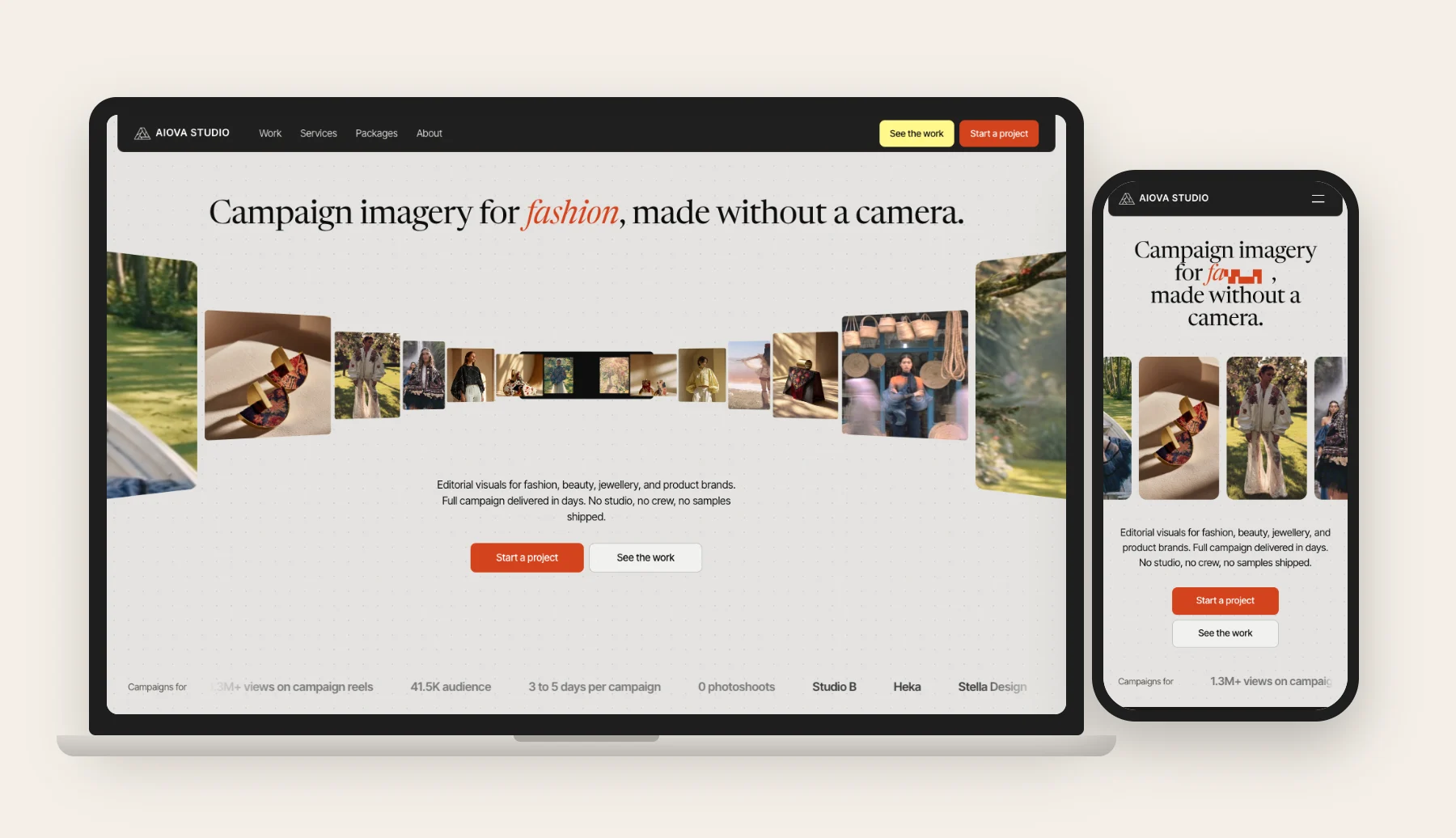 AIOVA Studio website on a laptop and a phone