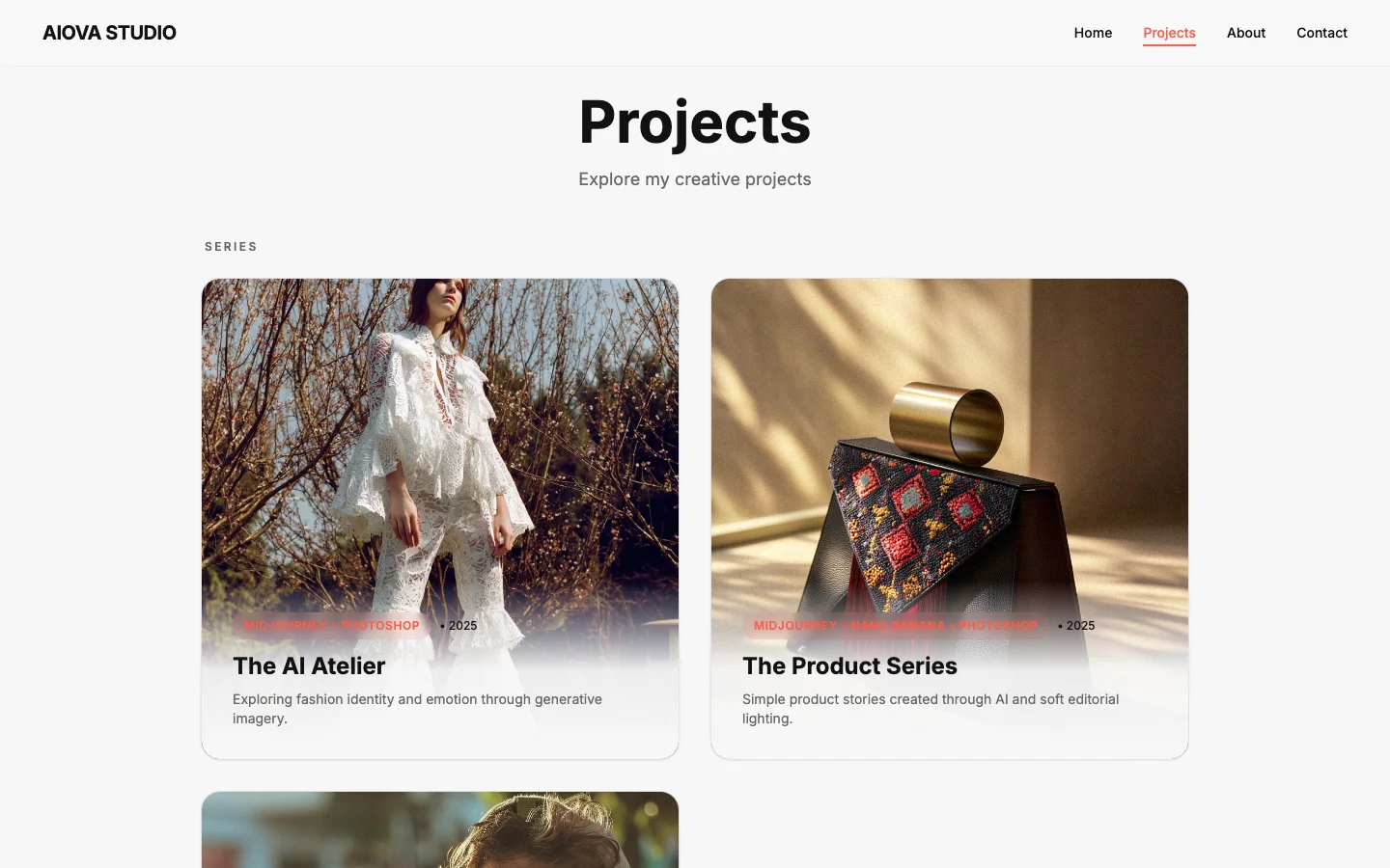 AIOVA projects page with the three series